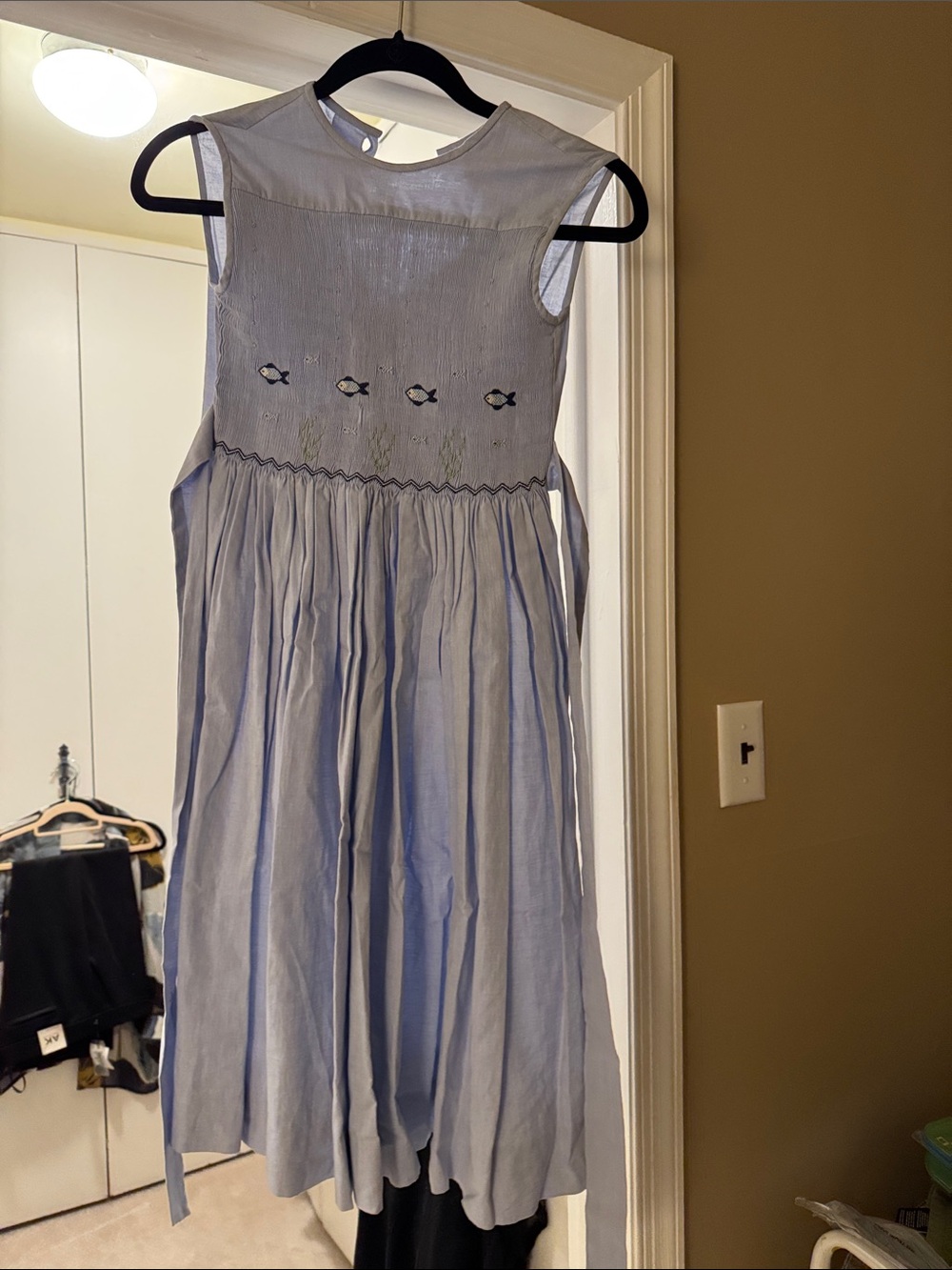 Light Blue Girls' Sleeveless Smocked Dress with Fish Embroidery